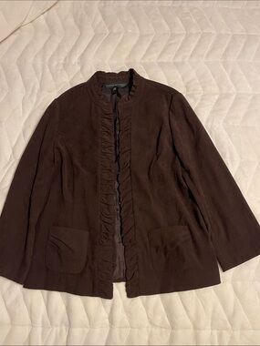 Harvey Bernard Dark Brown Ruffle-Front Suede Blazer